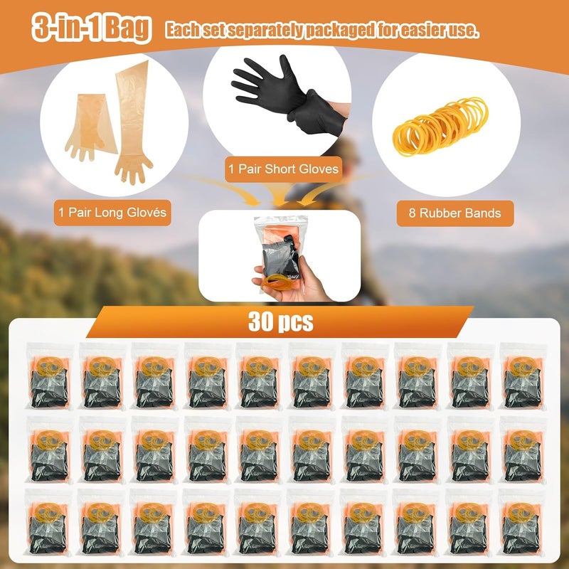 ELEMONY 60 Pairs Field Dressing Gloves for Deer Hunting and Veterinary Use, Disposable Deer Gutting Gloves, Games Cleaning Long Arm Glove and Short Nitrile Glove Combo, Individually Packaged - 30 Sets - Image 2